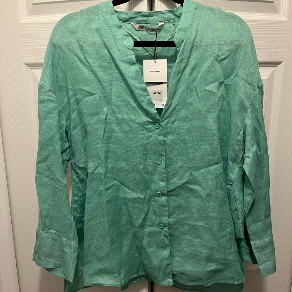 NWT Zara Teal Button Down Linen Shirt